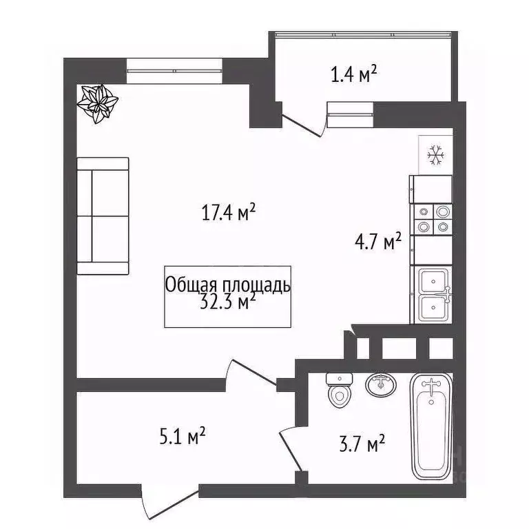 Студия Новосибирская область, Новосибирск ул. Петухова, 162 (32.0 м) - Фото 2
