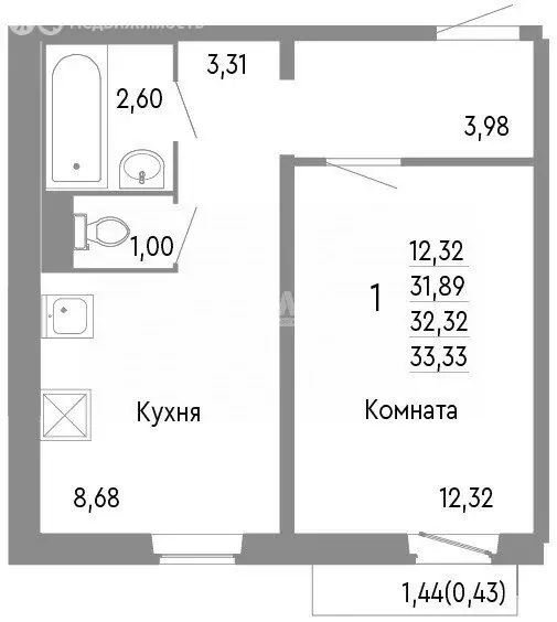 1-комнатная квартира: Челябинск, улица Блюхера, 125А (32.32 м) - Фото 0