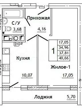 1-к. квартира, 40,7 м, 3/10 эт. - Фото 0