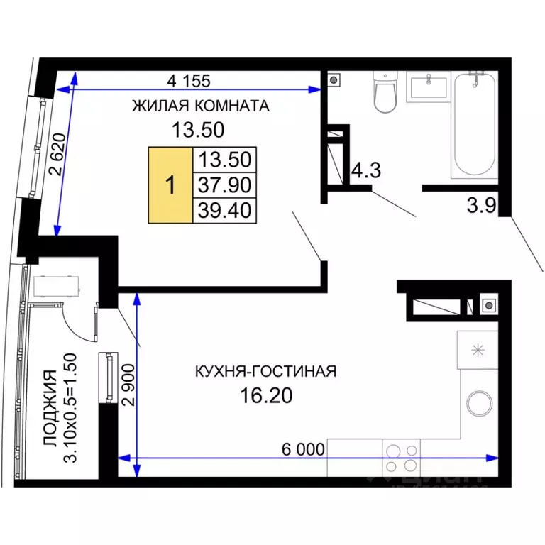 1-к кв. Краснодарский край, Краснодар Фонтаны жилой комплекс (39.4 м) - Фото 1