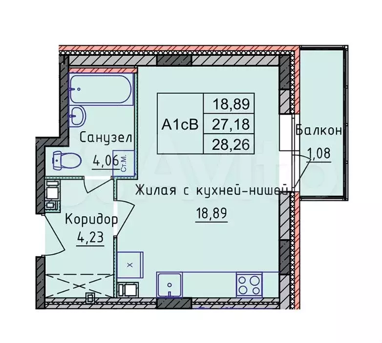 Квартира-студия, 28,3 м, 4/8 эт. - Фото 0