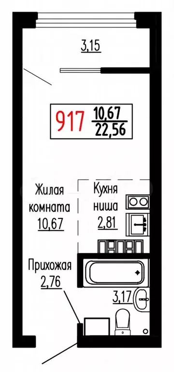 Квартира-студия, 22,8 м, 26/27 эт. - Фото 0