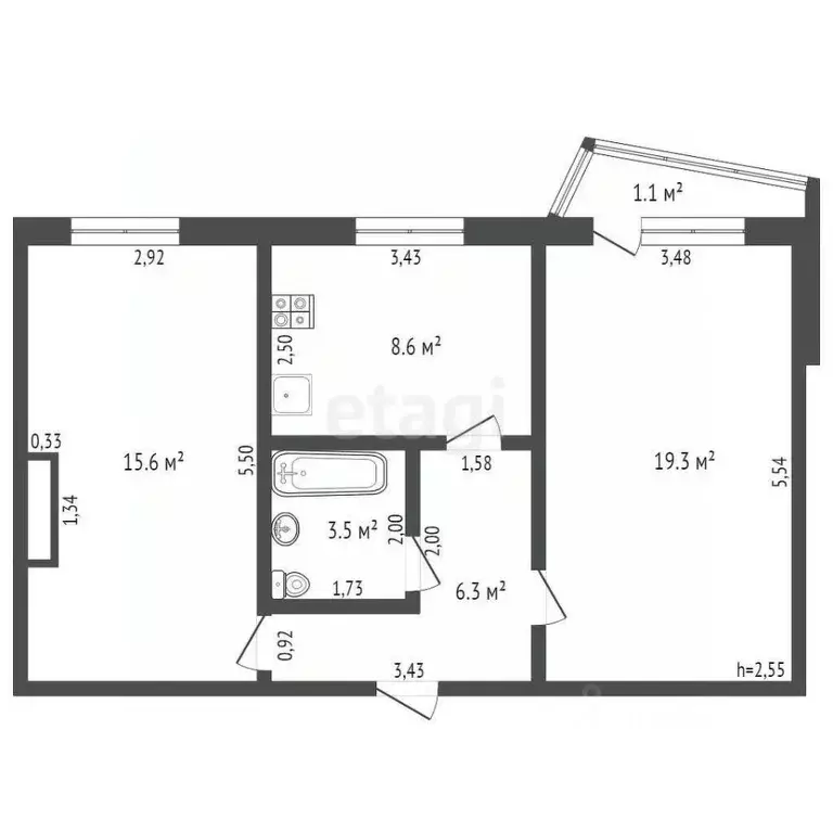 2-к кв. Брянская область, Брянск Почтовая ул., 116 (54.4 м) - Фото 1