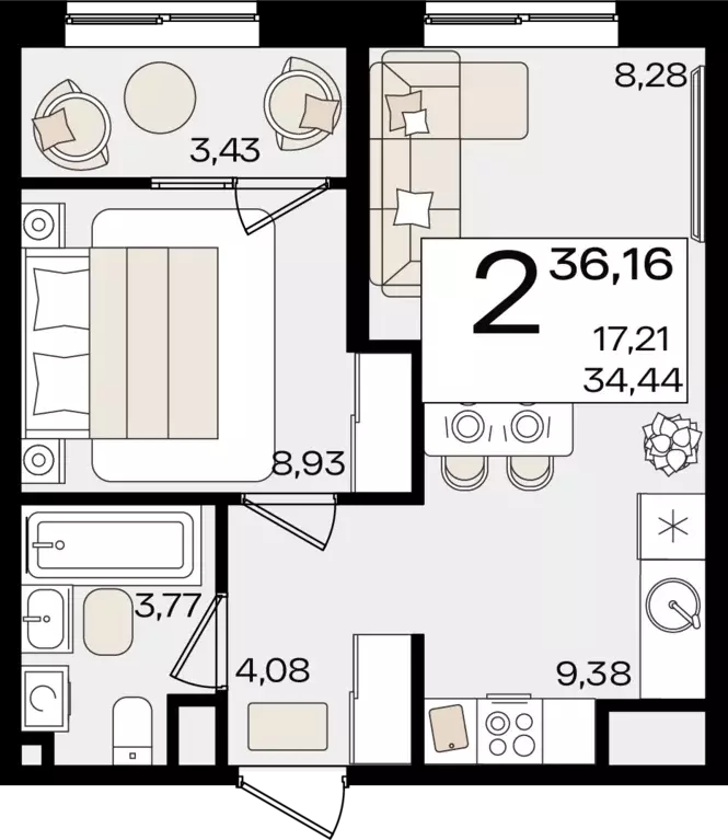 2-к квартира, 36.16 м - Фото 0