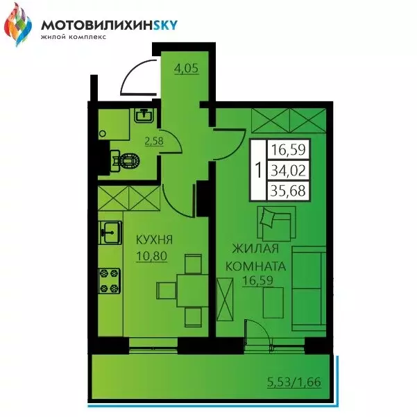 1-комнатная квартира: Пермь, улица Гашкова, 55 (35.68 м) - Фото 0