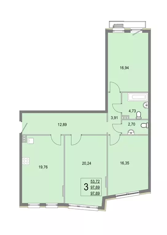 3-к квартира, 97.6 м - Фото 0