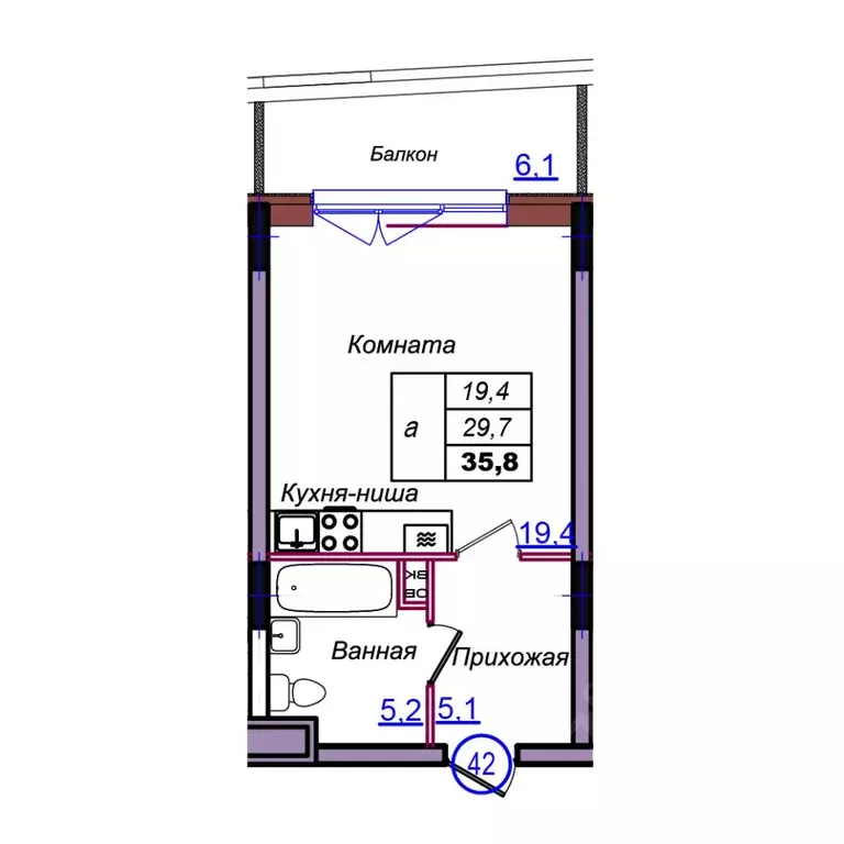 Студия Калининградская область, Светлогорск Балтийская ул. (35.8 м) - Фото 1