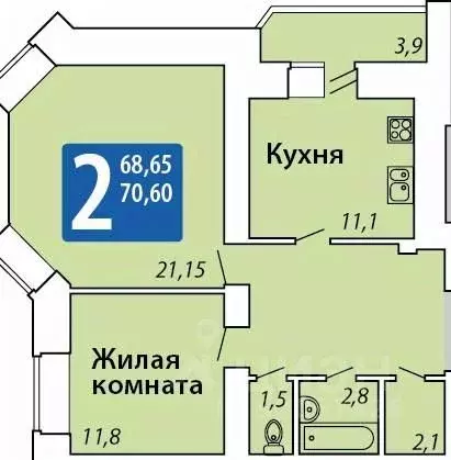 2-к кв. Чувашия, Чебоксары ул. Мирона Ефимовича Ефимова, 1 (70.6 м) - Фото 1