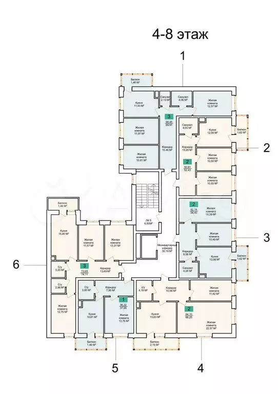 2-к. квартира, 54,4 м, 8/9 эт. - Фото 1