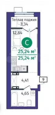 Квартира-студия, 25 м, 6/14 эт. - Фото 1