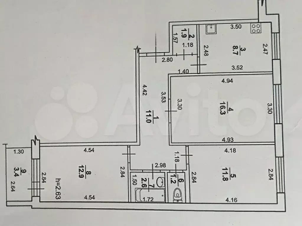 3-к. квартира, 68,1 м, 2/9 эт. - Фото 0