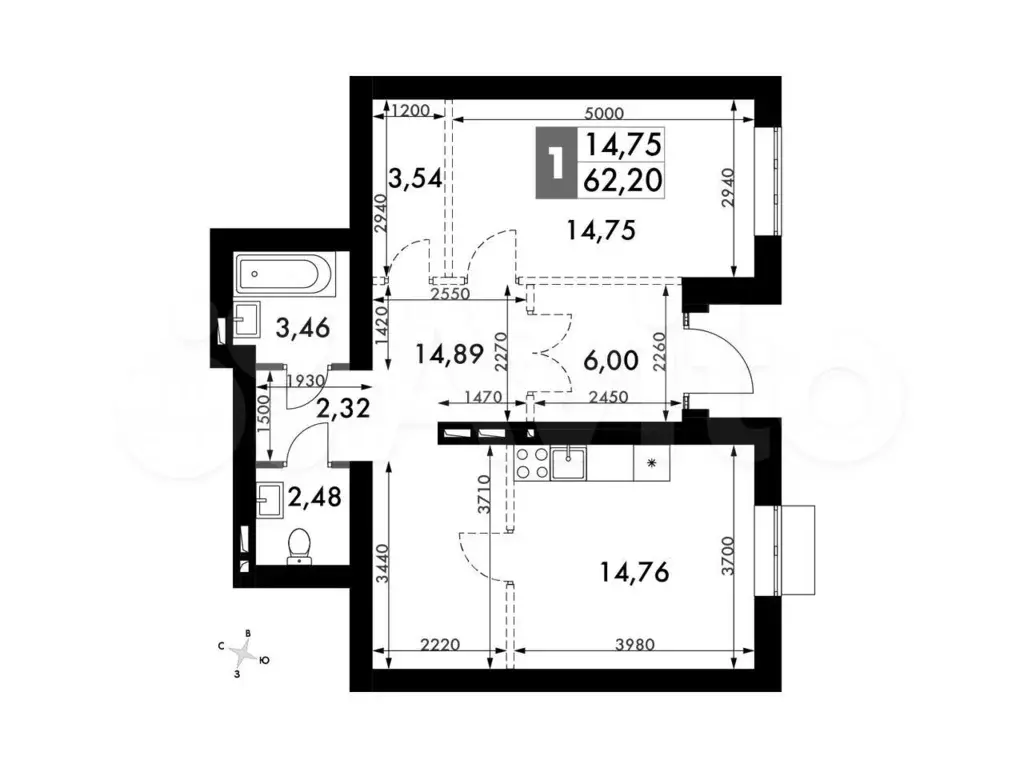 1-к. квартира, 62,2м, 1/4эт. - Фото 0