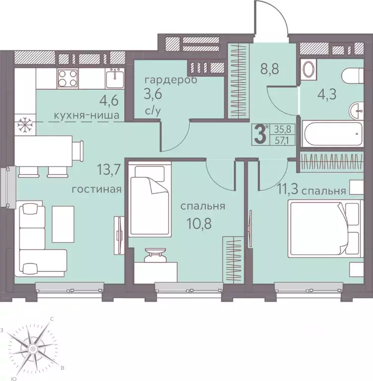 Студия Пермский край, Пермь ул. Серебристая, 5 (57.1 м) - Фото 1