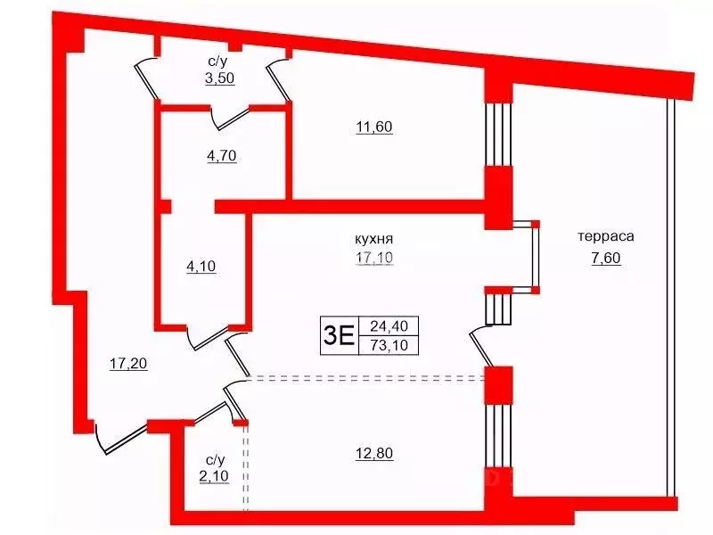 Квартира, 2 комнаты, 73.09 м - Фото 1