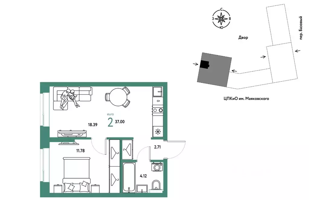 2-к кв. Свердловская область, Екатеринбург пер. Базовый, 10 (37.0 м) - Фото 1