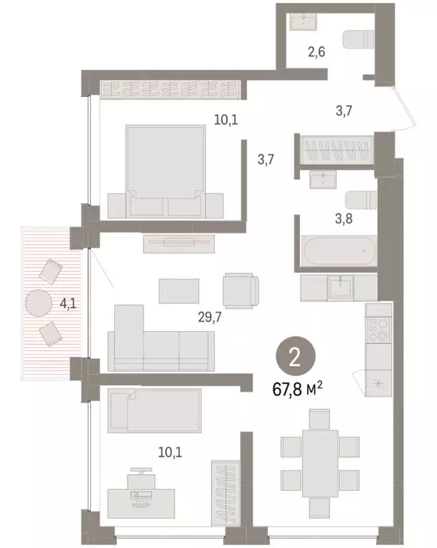 2-комнатная квартира: Тюмень, Урайская улица (67.82 м) - Фото 1