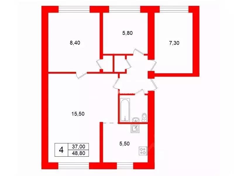 4-к кв. Санкт-Петербург ул. Белы Куна, 7К5 (48.8 м) - Фото 2