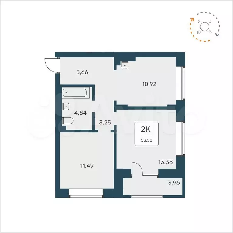 2-к. квартира, 53,5 м, 9/9 эт. - Фото 0