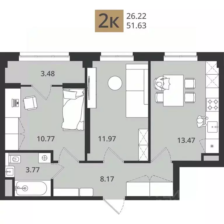 2-к кв. Архангельская область, Северодвинск Республиканская ул. (51.63 ... - Фото 2