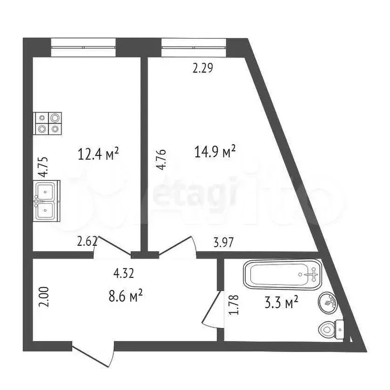 1-к. квартира, 41,2 м, 1/2 эт. - Фото 0