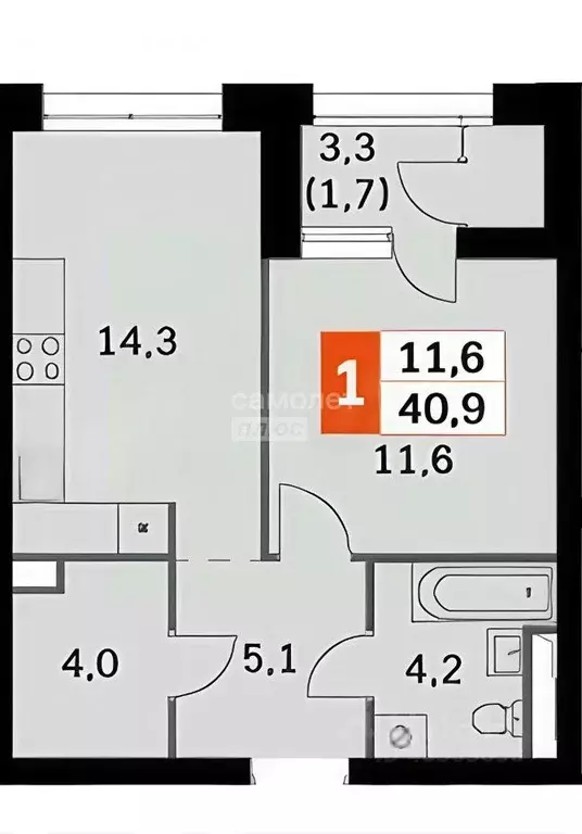 Квартира, 1 комната, 40.9 м - Фото 1