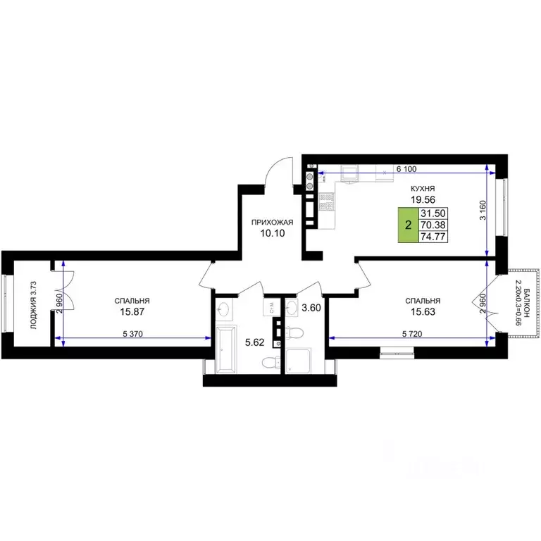 2-к кв. Калининградская область, Гурьевск Включи жилой комплекс (74.77 ... - Фото 1