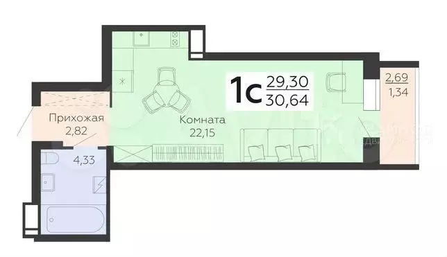 квартира-студия, 30,6 м, 13/19 эт. - Фото 0