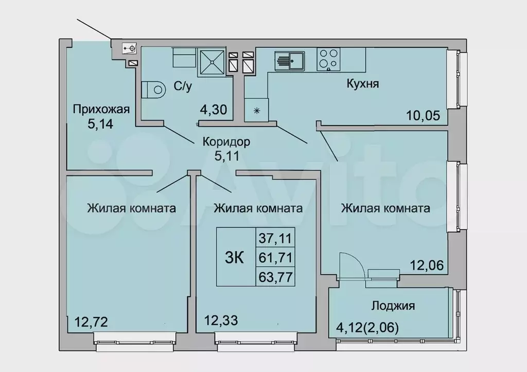 3-к. квартира, 63,8 м, 5/16 эт. - Фото 0