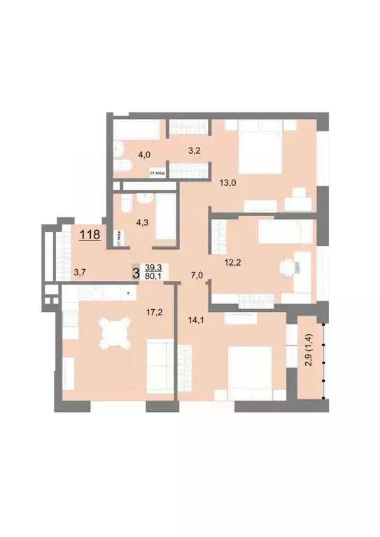 3-к кв. Свердловская область, Екатеринбург ул. Шаумяна, 77 (80.1 м) - Фото 1