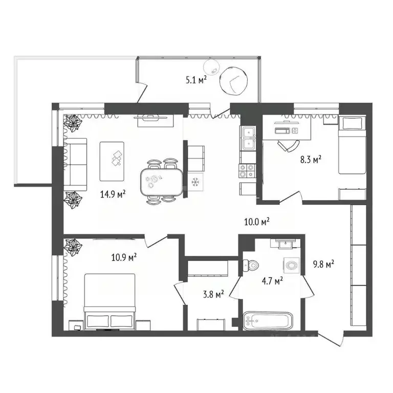 2-к кв. Тюменская область, Тюмень Профсоюзная ул., 59 (75.9 м) - Фото 1