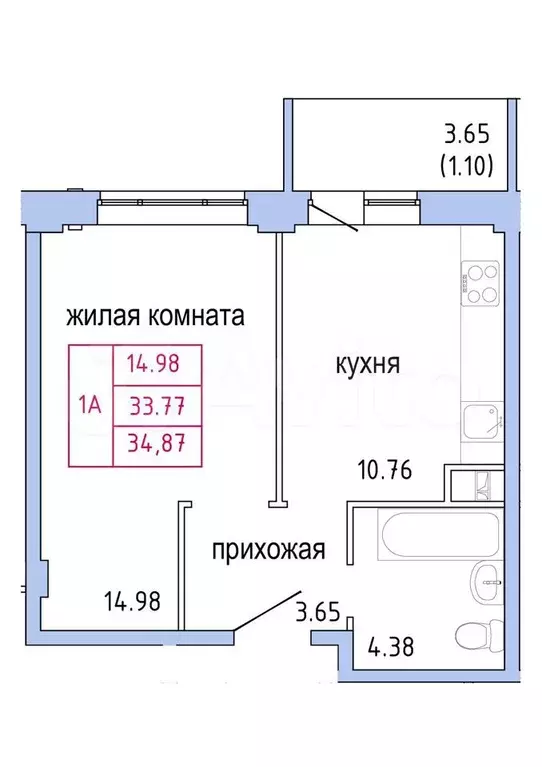 1-к. квартира, 34,9м, 4/9эт. - Фото 1