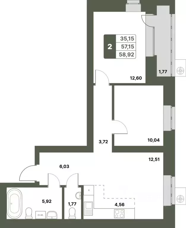 2-к кв. Башкортостан, Уфимский район, с. Миловка  (58.92 м) - Фото 1