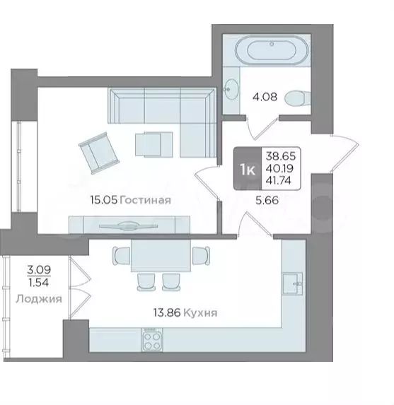 1-к. квартира, 41 м, 3/9 эт. - Фото 0