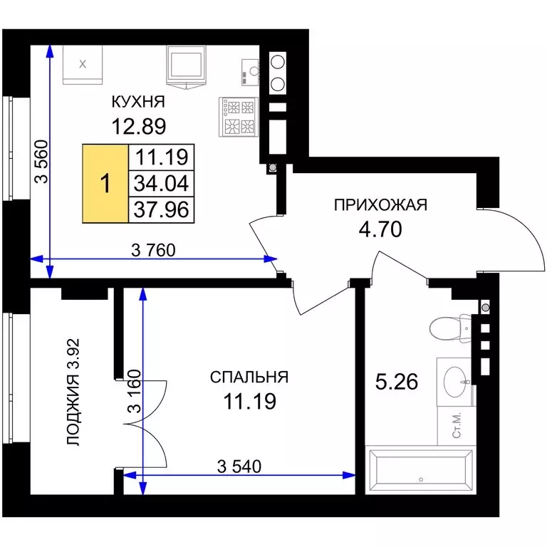 1-комнатная квартира: Гурьевск, жилой комплекс Включи (37.96 м) - Фото 0