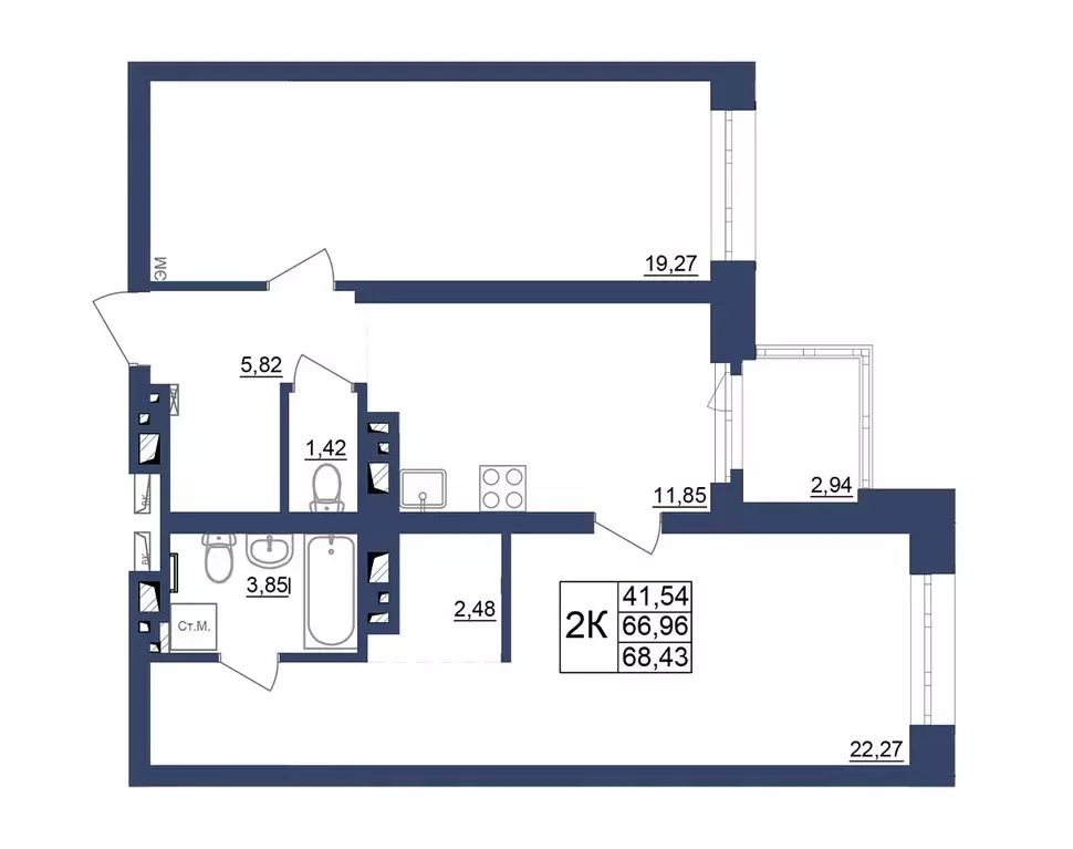 2-к квартира, 68.43 м - Фото 0