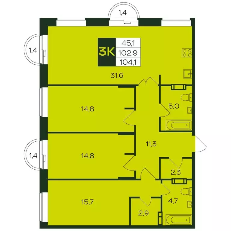 3-комнатная квартира: Чебоксары, Чебоксарский проспект, поз5.20 (104.1 ... - Фото 1