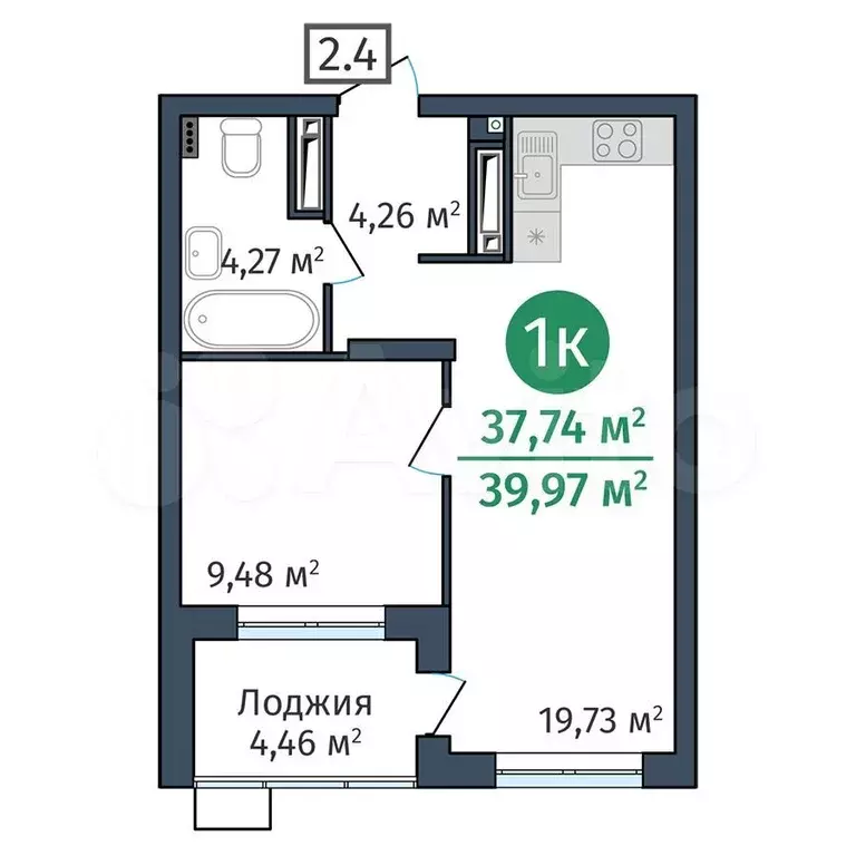 1-к. квартира, 37,7 м, 24/25 эт. - Фото 0