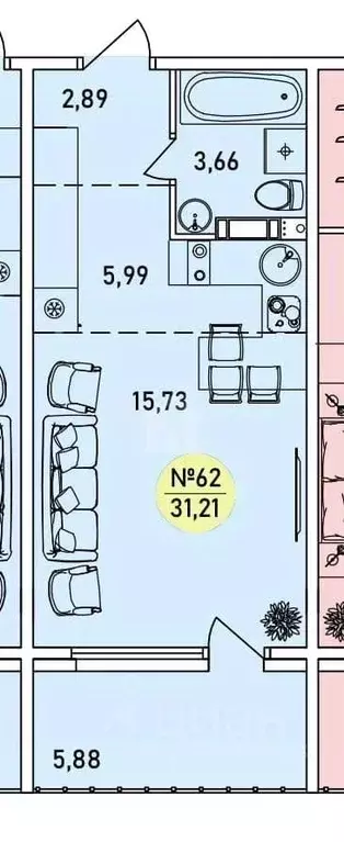 Студия Ярославская область, Ярославль 2-й мкр,  (31.21 м) - Фото 1