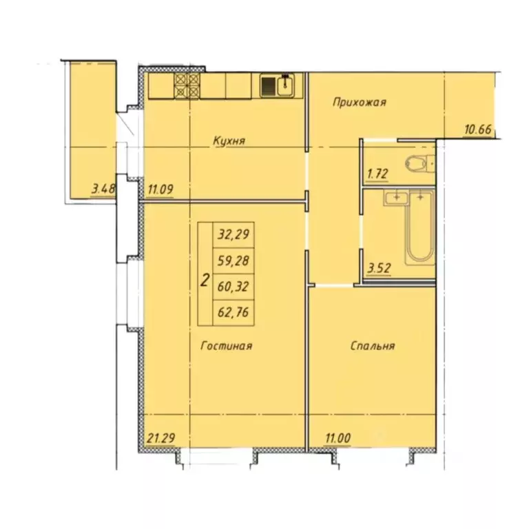 2-к кв. Тамбовская область, Тамбов ул. Гастелло, 109Б (62.76 м) - Фото 1
