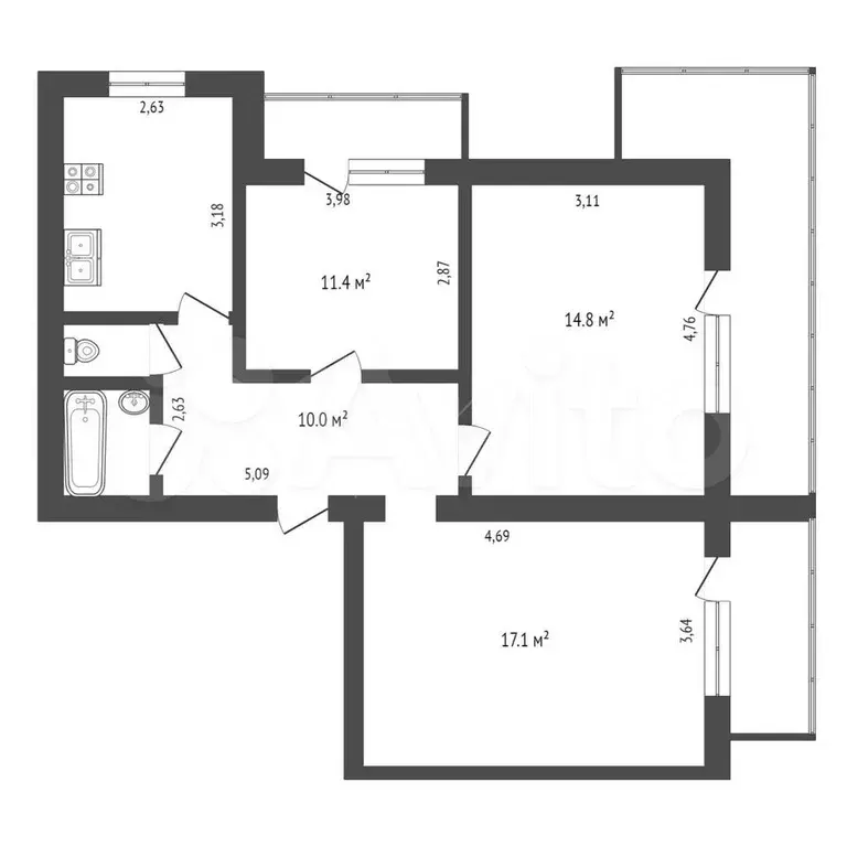 3-к. квартира, 65,5 м, 8/10 эт. - Фото 0