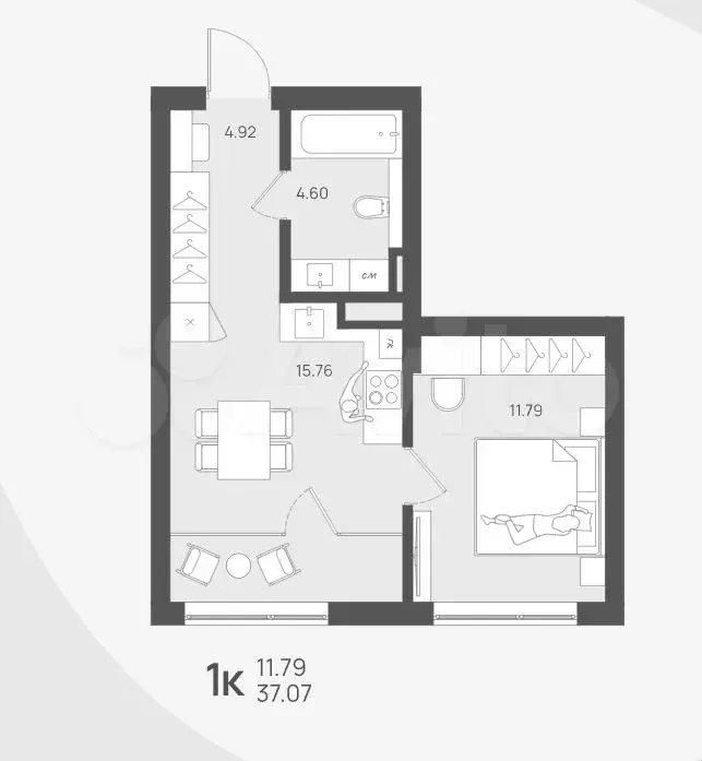 1-к. квартира, 37,1 м, 1/4 эт. - Фото 1