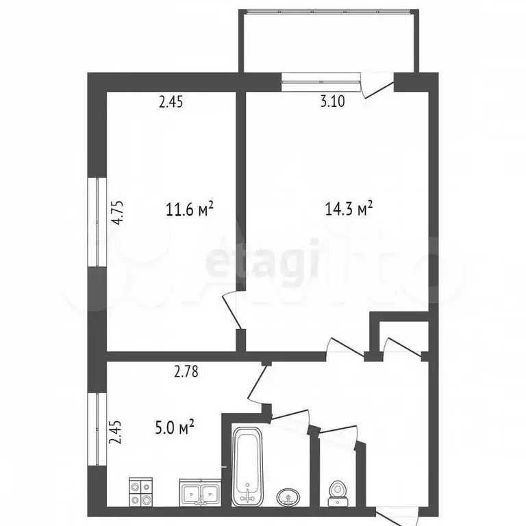 2-к. квартира, 39,5 м, 5/5 эт. - Фото 1