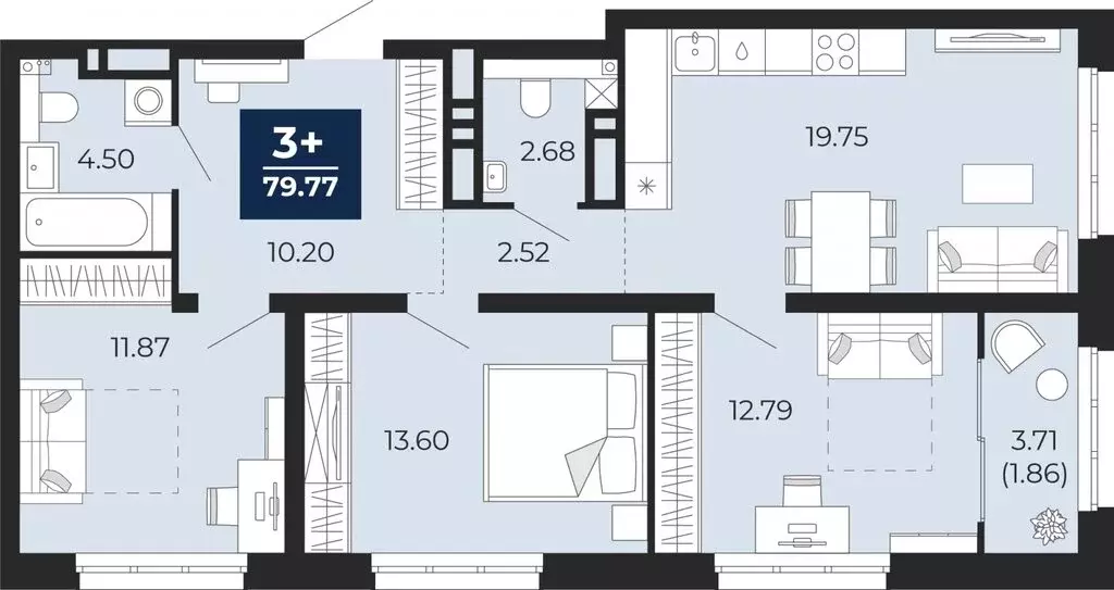 3-комнатная квартира: Тюмень, микрорайон Энтузиастов (79.77 м) - Фото 0