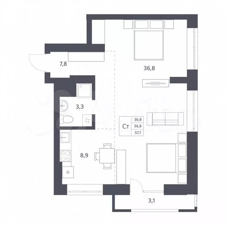 Квартира-студия, 56,8 м, 23/25 эт. - Фото 0