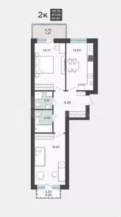 2-к. квартира, 67,9 м, 9/9 эт. - Фото 1