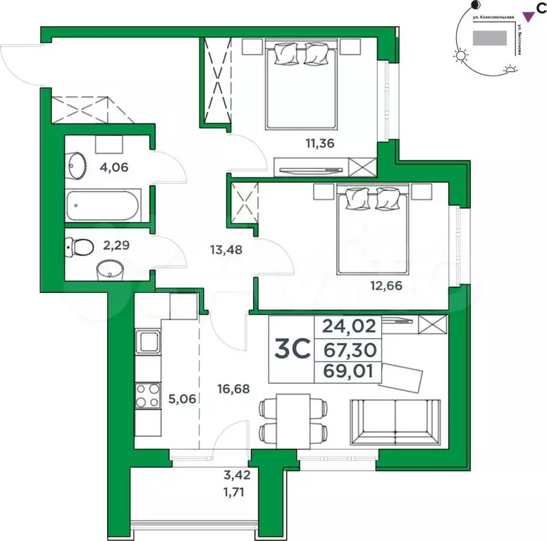 2-к. квартира, 67,1 м, 14/24 эт. - Фото 1