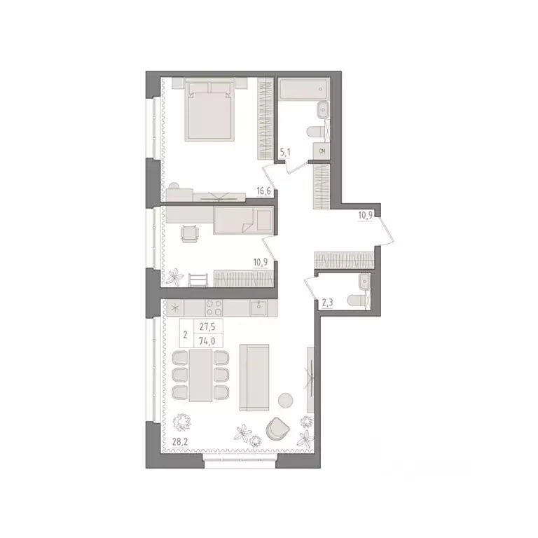 2-к кв. Башкортостан, Уфа 563-й кв-л,  (74.0 м) - Фото 1