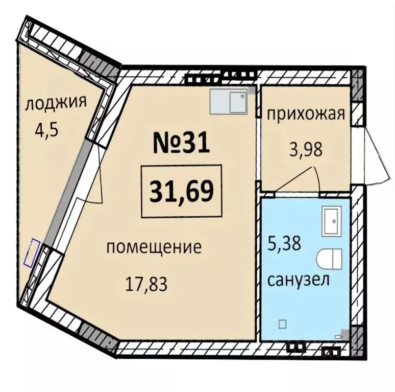 Студия Калининградская область, Балтийск  (31.69 м) - Фото 0