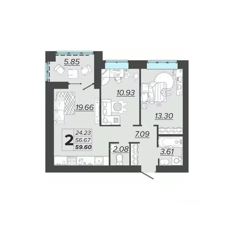 2-к кв. Брянская область, Брянск Архитектор жилой комплекс (59.6 м) - Фото 1