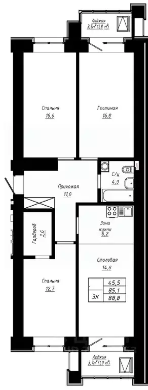 3-к кв. Алтайский край, Барнаул ул. Сухэ-Батора, 39 (88.8 м) - Фото 0